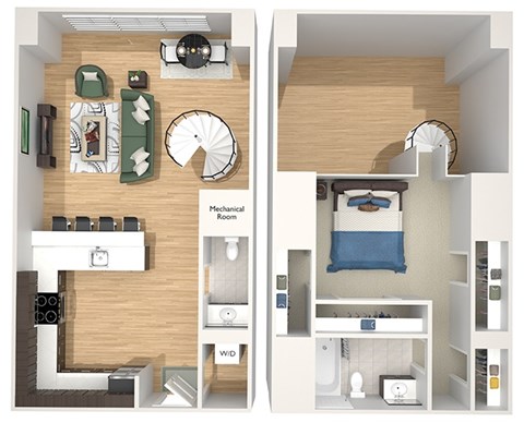 Floor plan for 1 bed, 1.5 baths, 745 sqft